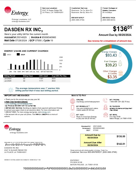 USA Louisiana Entergy business utility bill template in Word and PDF formats, version 2